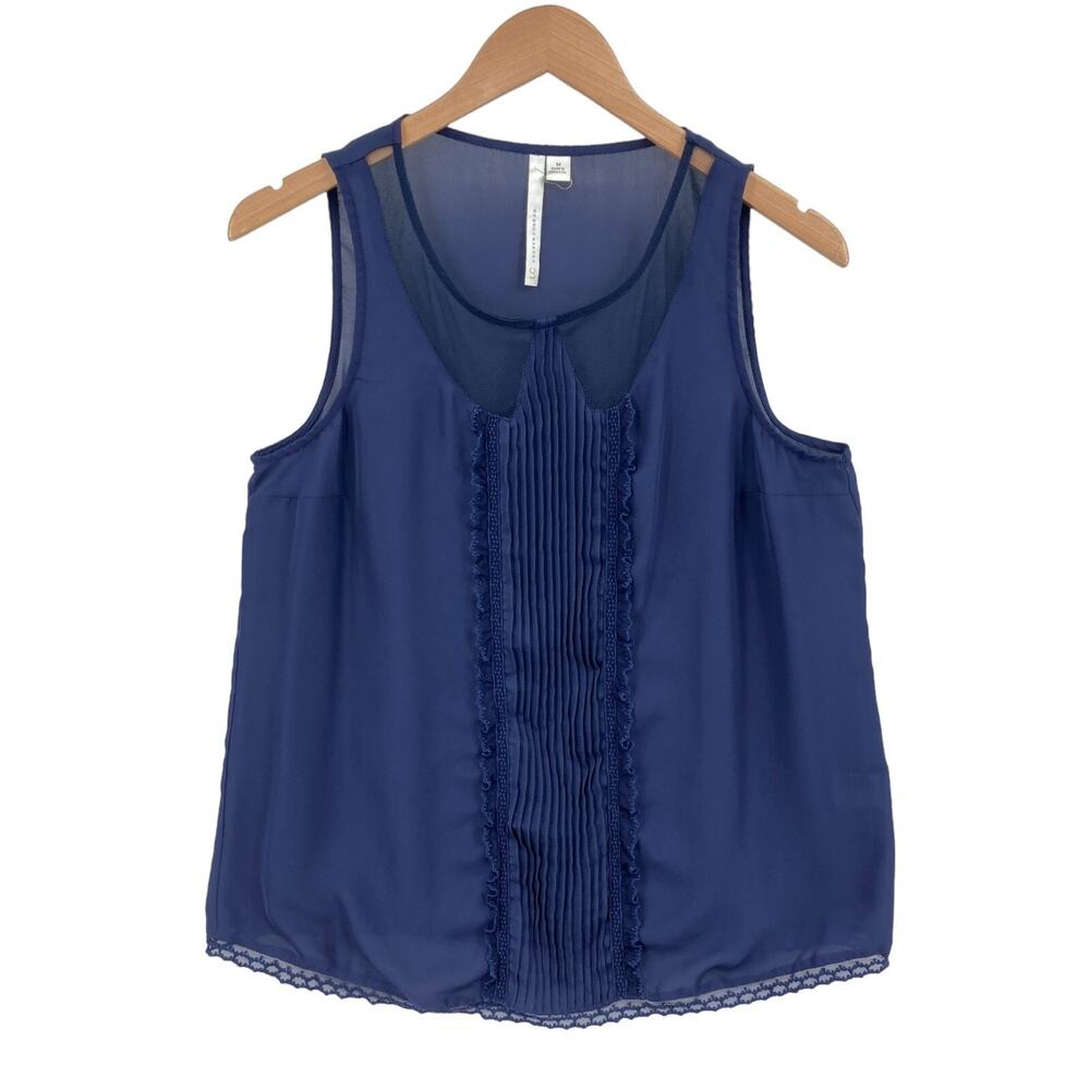 LC Lauren Conrad Tank Top Womens Medium Navy Sheer Pintuck Detail Sleeveless